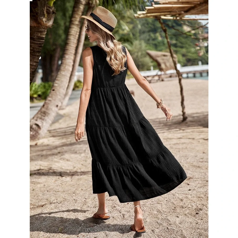 Solid Ruffle Hem Smock midi Dress black - Picture 2 of 3